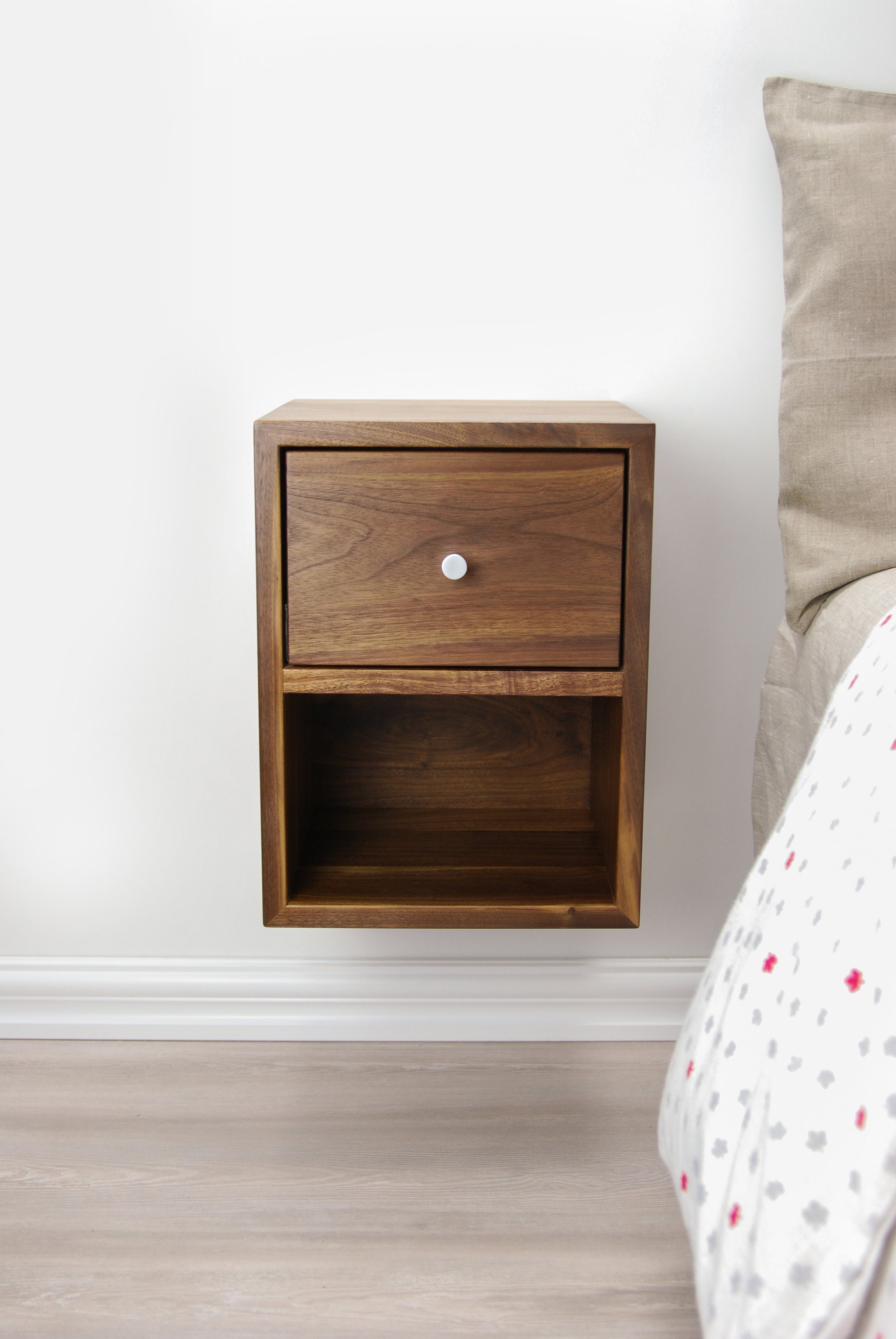 Solid Walnut Wood Compact Floating Nightstand With Drawer And