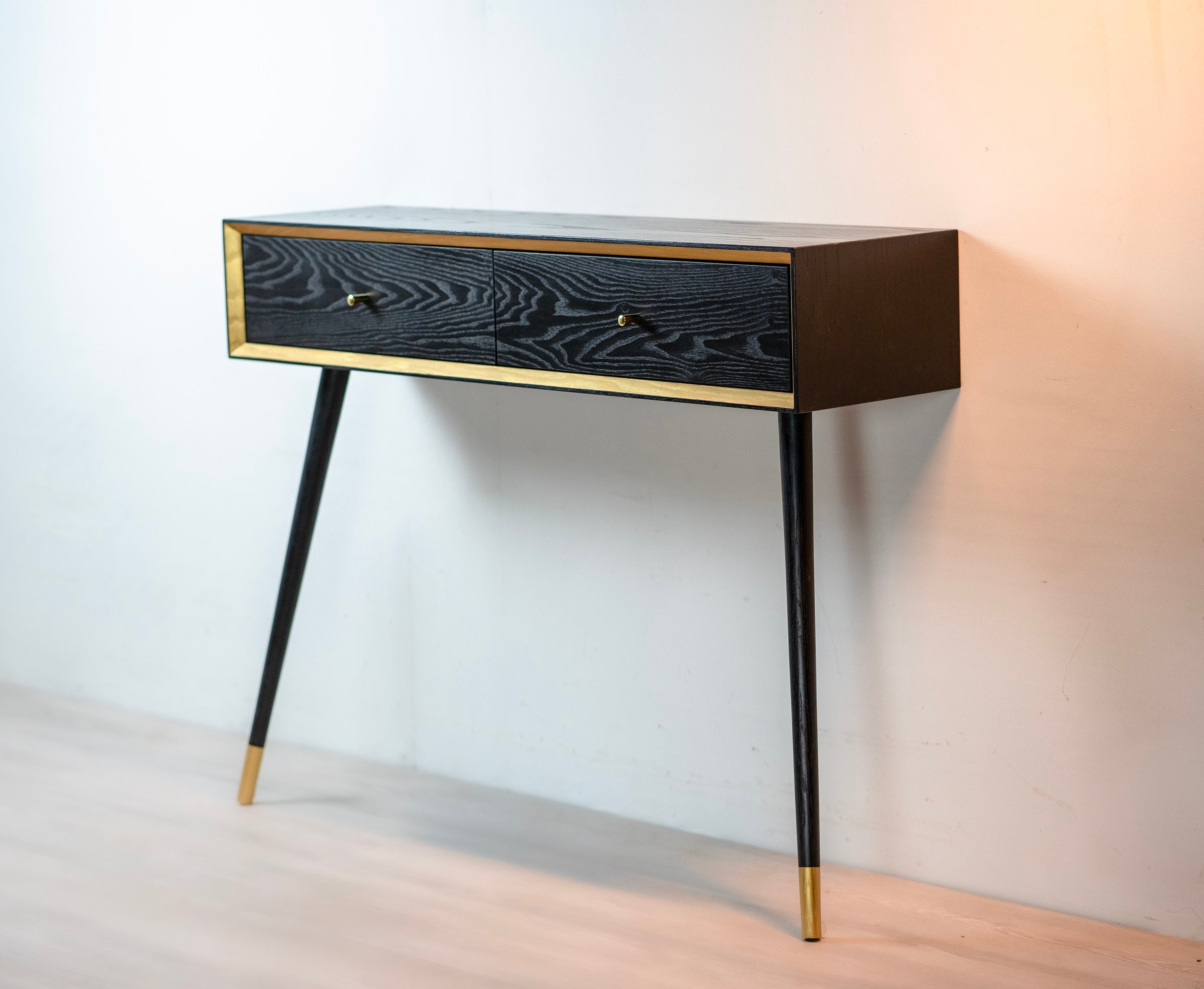 Solid Wood Console Table, Entryway MCM Black and Gold