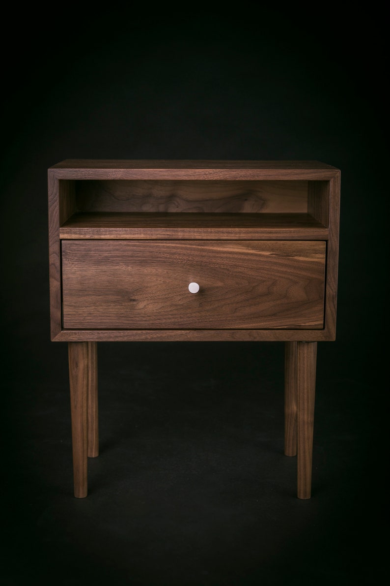 Solid Walnut Wood Mid Century Nightstand With Open Shelf And Etsy