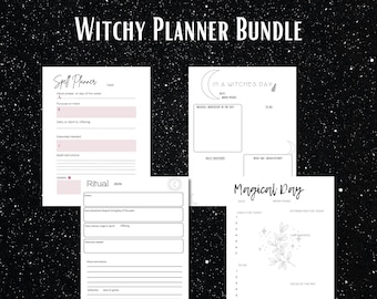 May include: A printable planner bundle for witches with pages for spell planning, rituals, and daily magical intentions. The pages are decorated with moon phases, stars, and other witchy symbols.