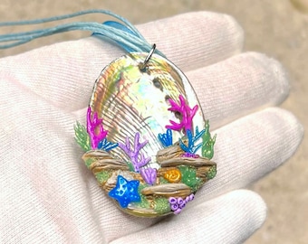 Abalone Reef Amulet - Merfolk Necklace with miniature Coral Reef - OOAK