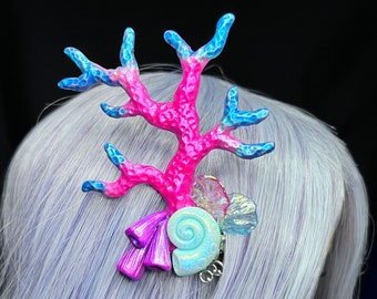 Neon Reef Sorceress - wonderfull Mermaid Hairclip with handmade Corals and real Seashells - OOAK - Ready to Ship