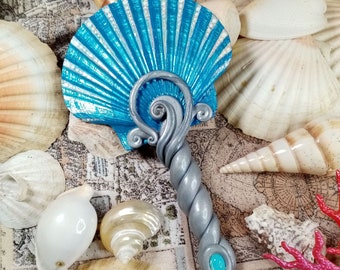 Mirror of the Tidal Sirens - absolutely stunning unique Handmirror, handcrafted from a real Scallop and golden Polymerclay - OOAK