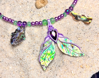 Tidepools and Periwinkle - handmade Merfolk Fluke Necklace with real Abalone and Ametrine - OOAK