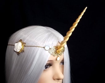 Golden Unicorn of the White Rose - Tiara with handsculpted golden Horn