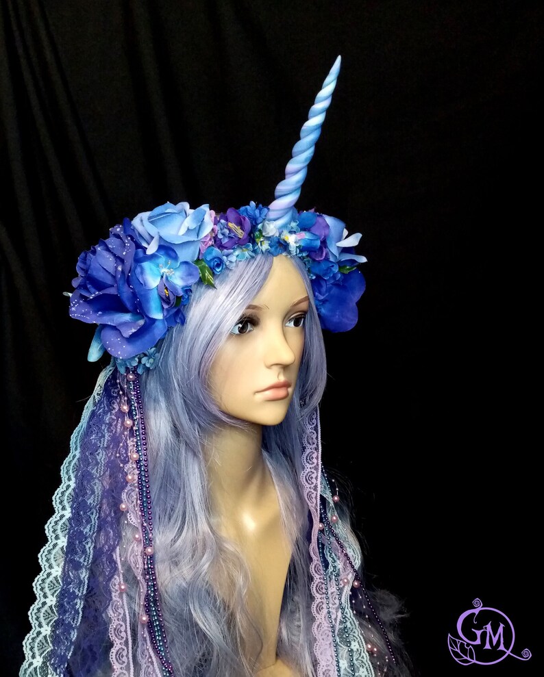 Lilac Dreams Unicorn Flower Headgear with Lace and Pearl Strands OOAK image 1