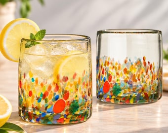 Hand Blown Recycled Glass Cocktail Tumblers, Colorful Mexican Artisan Barware (Set of 2)