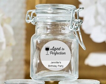 12+ Apothecary Glass Jar Birthday Party Favors, Personalized Aged To Perfection Stickers, Treat Glass Jars, Birthday Party Favors Candy Jars