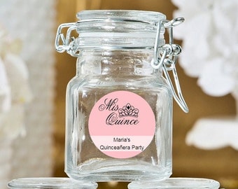 12+ Apothecary Glass Jars Quinceañera Favors, Personalized Mis Quince Stickers, Candy Treat Jars, Quinceañera Party Favors Candy Glass Jar