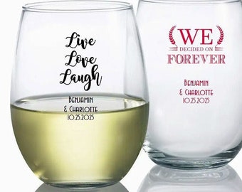 24+ Wedding Wine Glasses, Personalized Stemless Wine Glass 9 oz., Vineyard Wine Theme Wedding, Custom Wine Glasses Wedding Guest Favors