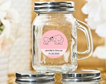12+ Mini Mason Jars Baby Shower Favors, Personalized Baby Elephant Mother Sticker, 4 oz Glass Mason Jars, Baby Shower Party Favors Mason Jar