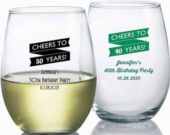 24+ Cheers Birthday Party Wine Glasses, Personalized Stemless Wine Glass 9 oz., Custom  Milstone Wine Glasses Birthday Party Guest Favors