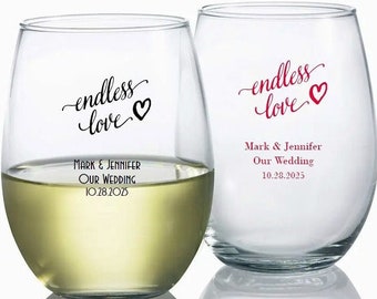 24+ Endless Love Wedding Wine Glasses, Personalized Stemless Wine Glass 9oz., Custom Wine Glasses Wedding Guest Favors