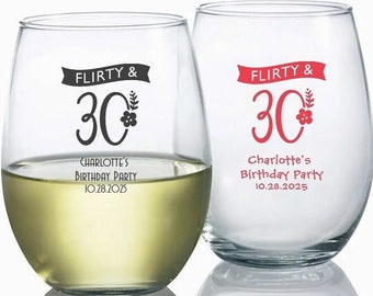 24+ Flirty At 30 Birthday Wine Glasses, Personalized Stemless Wine Glass 9 oz., 30th Birthday Party Custom Wine Glasses Guest Favors