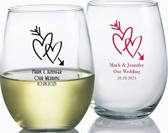 24+ Double Heart Arrow Wedding Wine Glasses, Personalized Stemless Wine Glass 9oz., Custom Wine Glasses Wedding Guest Favors