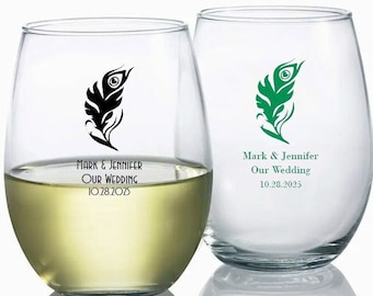 24+ Peacock Feather Wedding Wine Glasses, Personalized Stemless Wine Glasses, Custom Wine Glass Wedding Reception Party Favors