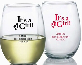 24+ It's A Girl Baby Shower Wine Glasses, Personalized Stemless Wine Glasses 9 oz., Custom Wine Glasses Baby Shower Party Favors