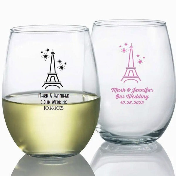 24+ Personalized Stemless Wine Glasses Wedding Favors, Custom Paris Eiffel Tower Wine Glass, Personalized French Theme Wedding Wine Glasses