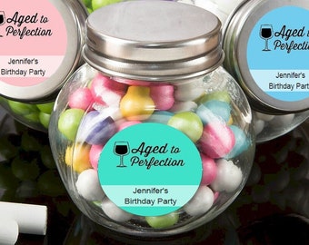 12+ Candy Glass Jars Birthday Favors, Personalized Aged To Perfection Stickers, Candy Treat Jars, Birthday Party Favors Candy Glass Jar