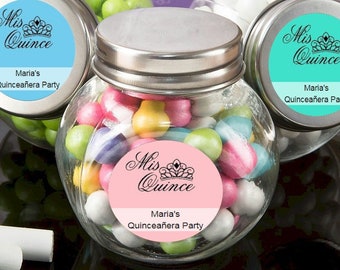 12+ Candy Glass Jars Quinceañera Favors, Personalized Mis Quince Anos, Sweet 15 Candy Treat Jars, Quinceañera Party Favors Candy Glass Jar