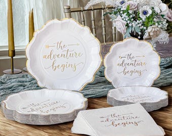 The Adventure Begins Wedding Party Tableware Set 72 Piece (24 Guests): Paper Plates and Napkins
