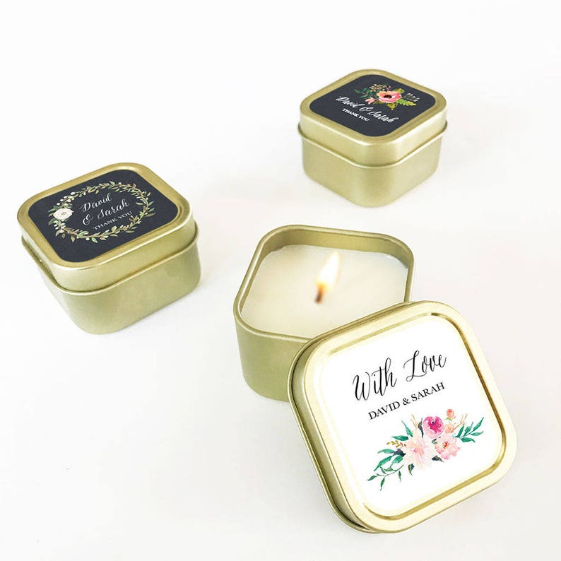Travel Candle Wedding Personalized Wedding Favors Bridal Shower Party 60 Gold Travel Tin Candles