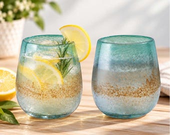 Hand Blown Stemless Wine Glasses Set of 2, Recycled Glass Tumblers, Artisan Drinking Glasses 13 oz.