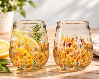 Hand Blown Recycled Glass Stemless Wine Glasses, Multicolor Speckled Tumblers (Set of 2)