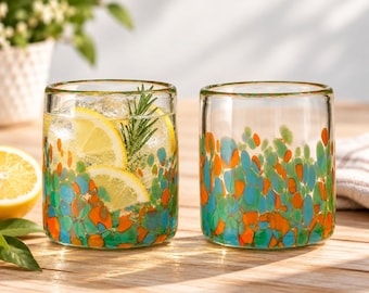 Colorful Confetti Mexican Artisan Drinking Glasses (Set of 2), Handblown Recycled Glass Cocktail Tumblers