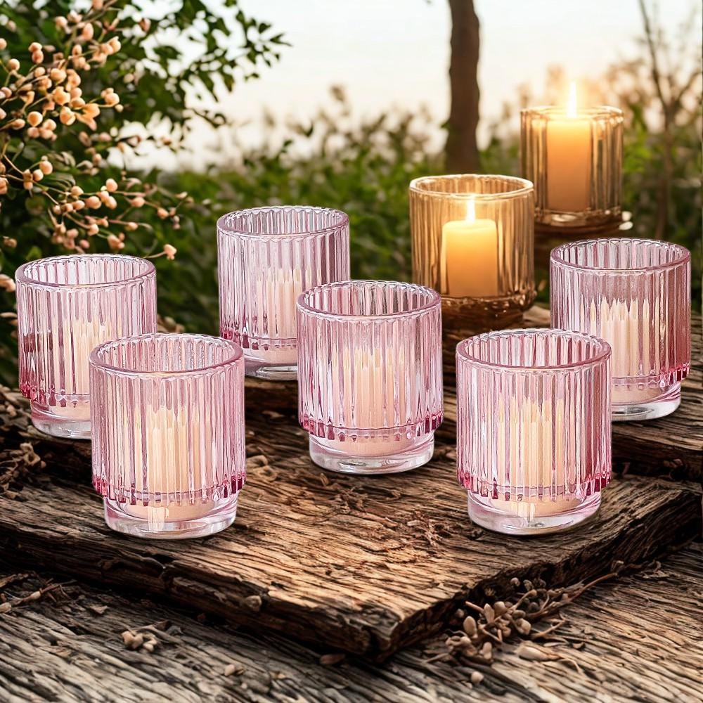 Ribbed Pink Glass Votive Holders