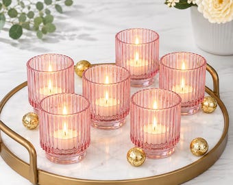 Ribbed Pink Glass Votive Candle Holders (Set of 6) - Wedding Centerpiece Decor