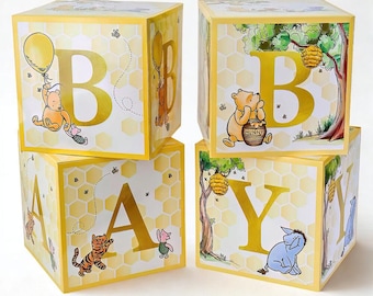 Honey Bear Baby Block Boxes: Stacking B-A-B-Y, Shower Decor (Set of 4)