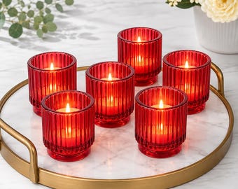 Red Ribbed Glass Votive Candle Holders - Set of 6 - Wedding Decoration Centerpieces