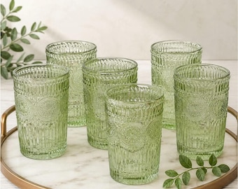 Sage Green Textured Drinking Glasses - Vintage Style Barware Set of 6