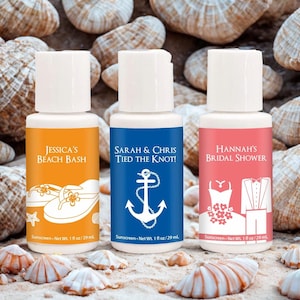 May include: Three small sunscreen bottles with white caps and labels for special events. One orange label reads "Jessica's Beach Bash", the blue label says "Sarah & Chris Tied the Knot!", and the pink label says "Hannah's Bridal Shower".