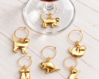 Cat Wine Charms in Gold Set of 6, Wine Lovers Gift