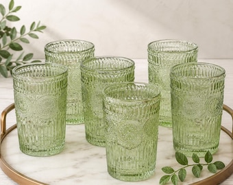 Sage Green Textured Drinking Glasses - Vintage Style Barware Set of 6