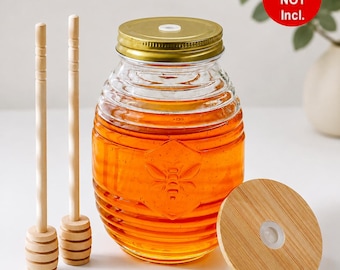 Honey Jar with Dipper Set: 24 oz Glass Bee Design, Honey is not Included