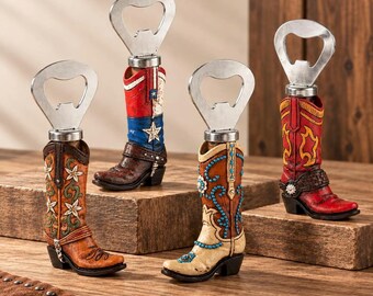 May include: Four bottle openers featuring handles shaped like miniature cowboy boots. Each boot has a unique design, including red, white, and blue with a star, tan with floral patterns, cream with blue bead-like details, and red with yellow accents.
