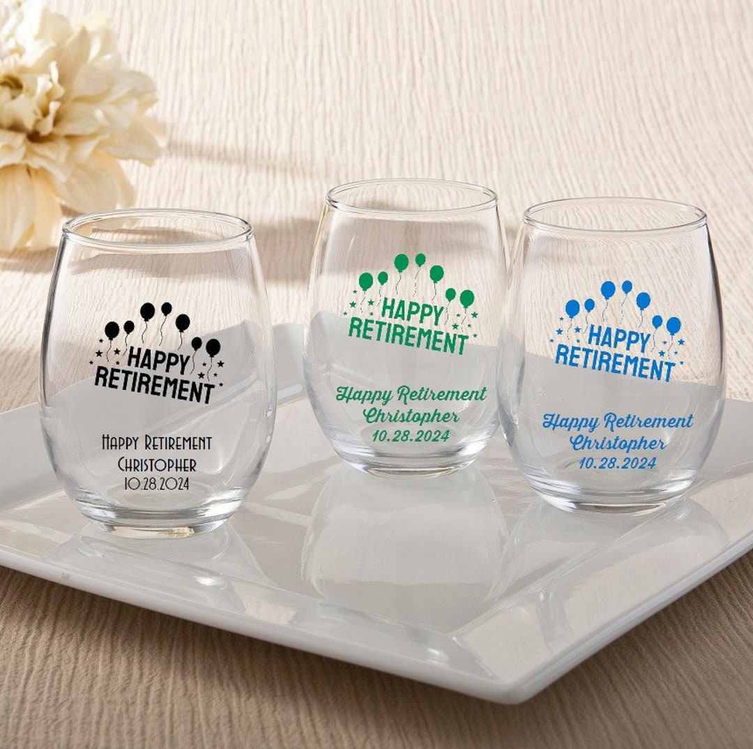 24 Happy Retirement Wine Glasses Personalized 9 Oz Stemless Etsy