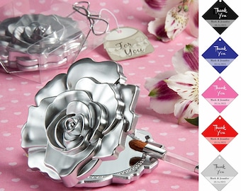 Silver Rose Compact Mirror Bridal Shower Party Favors, Bridesmaid Gifts, Sweet 16, Quinceañera, Folding Cosmetic Mirrors With Rose Design