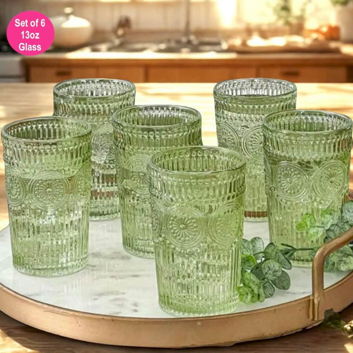 Drinkware Set of 6 (13 oz) Textured Sage Green Drinking Glass, Cocktail Drink Glass, Glassware Set, Barware Gift Idea, Drinkware Gift Set