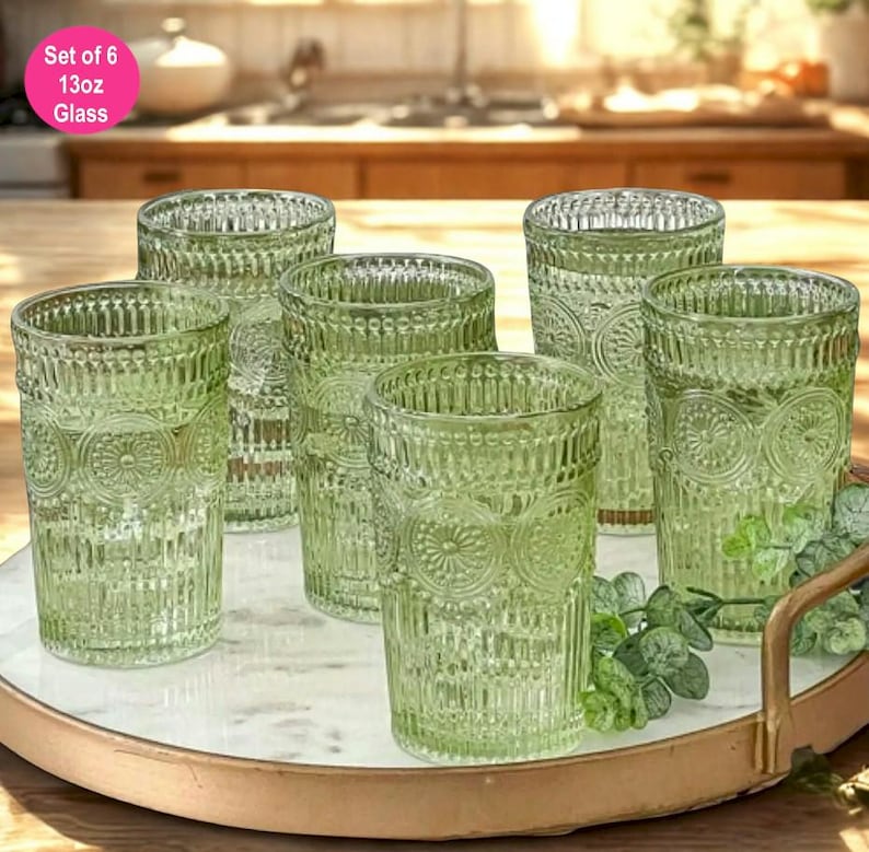 Sage Green Textured Drinking Glasses - Vintage Style Barware Set of 6