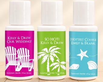 Mini SPF 30 Sunscreen Favors (1 oz), Personalized Beach Wedding, Bridal Shower & Beach Party Guest Gifts