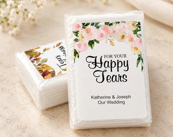 Personalized Wedding Tissue Pack Happy Tears, Pocket Size Tissues Pack Guest Favors
