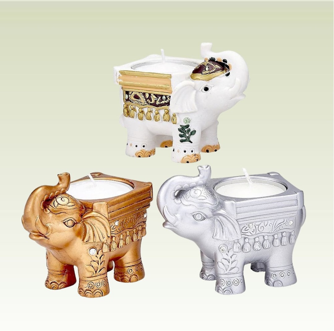 Lucky Elephant Tea Light Holders Set of 3, Indian Elephant Candle Favor