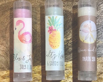 12 Lip Balm Personalized TROPICAL BEACH Case Stickers Chapstick Wedding Bridal Shower Bachelorette Party Favors Custom Lip Balm