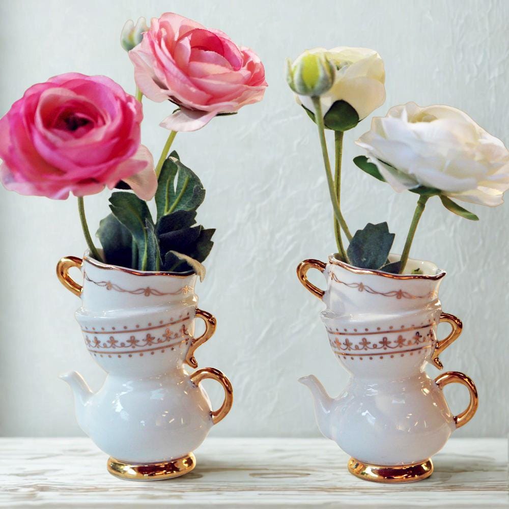 Whimsical Teacup & Teapot Bud Vase Set: Gold Ceramic Tea Party