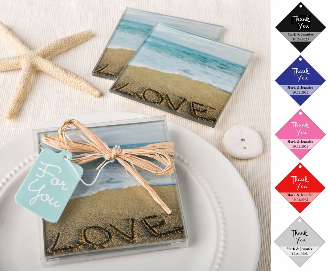 Tropical Beach Glass Coasters Love Design Set of 2, Beach Party Glass