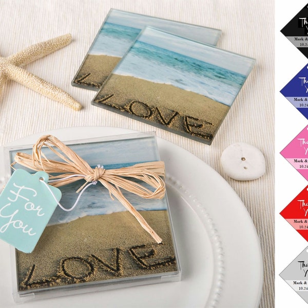 Tropical Beach Glass Coasters Love Design Set of 2, Beach Party Glass Coasters, Beach Wedding Coster Favors